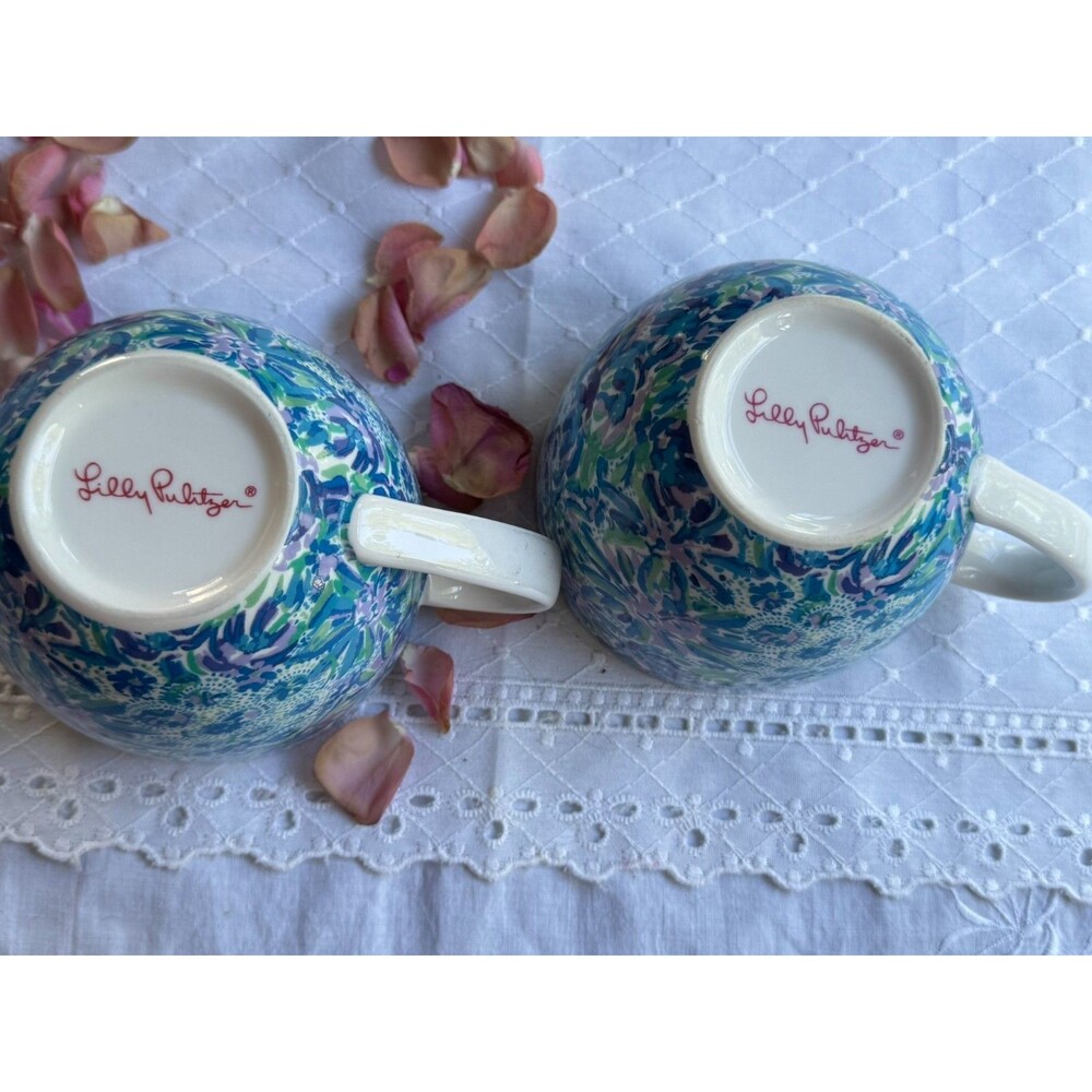 Lilly Pulitzer Set 2 Mugs Blue Green Floral Tropical Print Preppy Coastal Cups - Picture 3 of 16